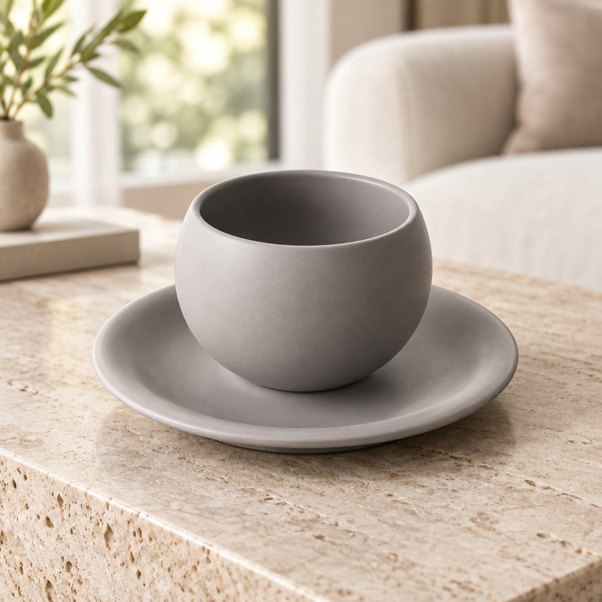 Rounded Handle less Cup with Matching Plate – Beige or Grey