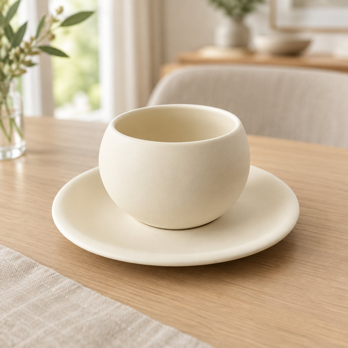 Rounded Handle less Cup with Matching Plate – Beige or Grey