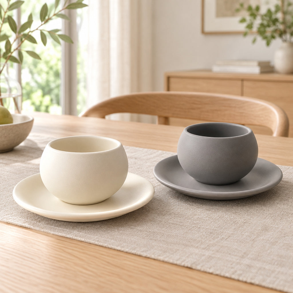 Rounded Handle less Cup with Matching Plate – Beige or Grey