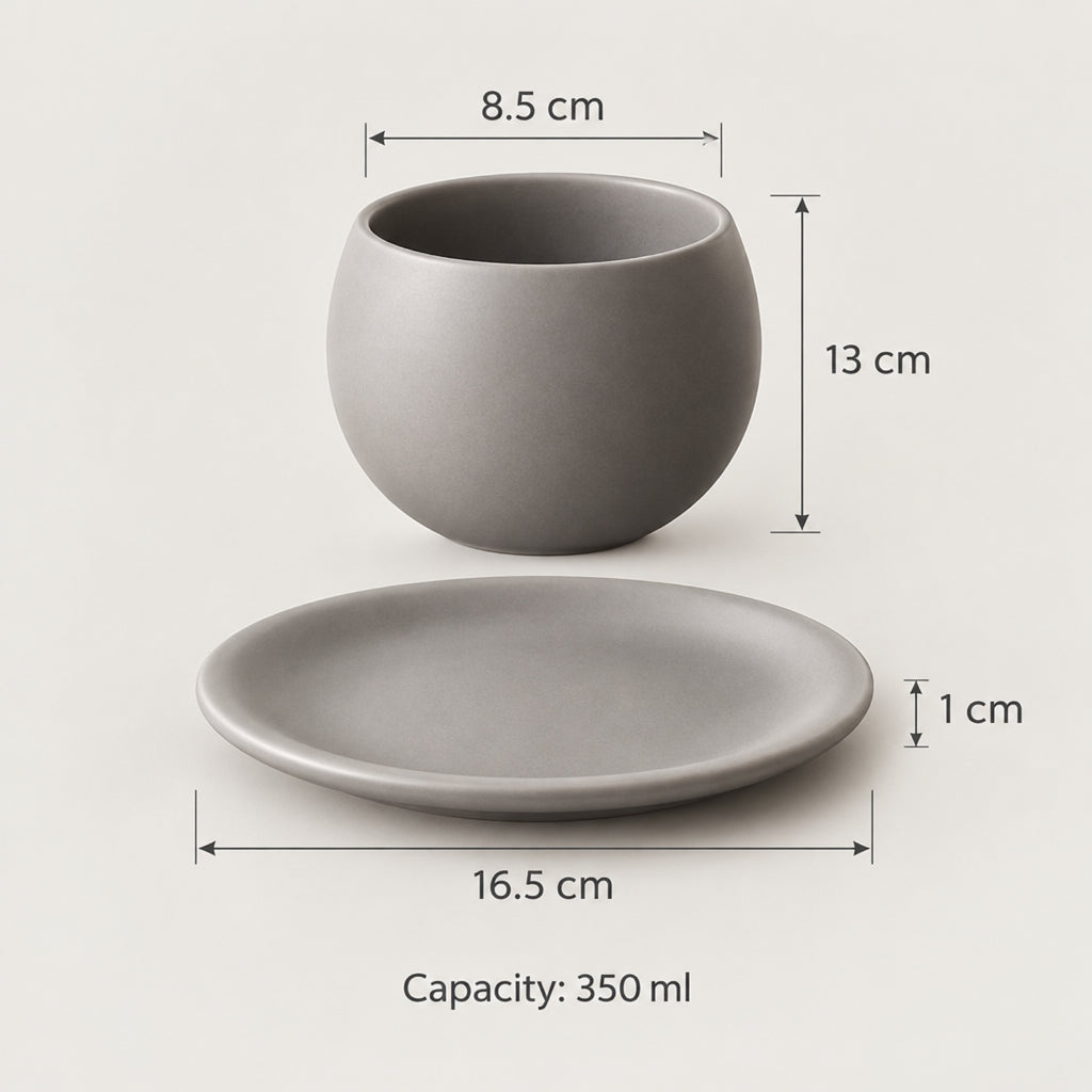 Rounded Handle less Cup with Matching Plate – Beige or Grey