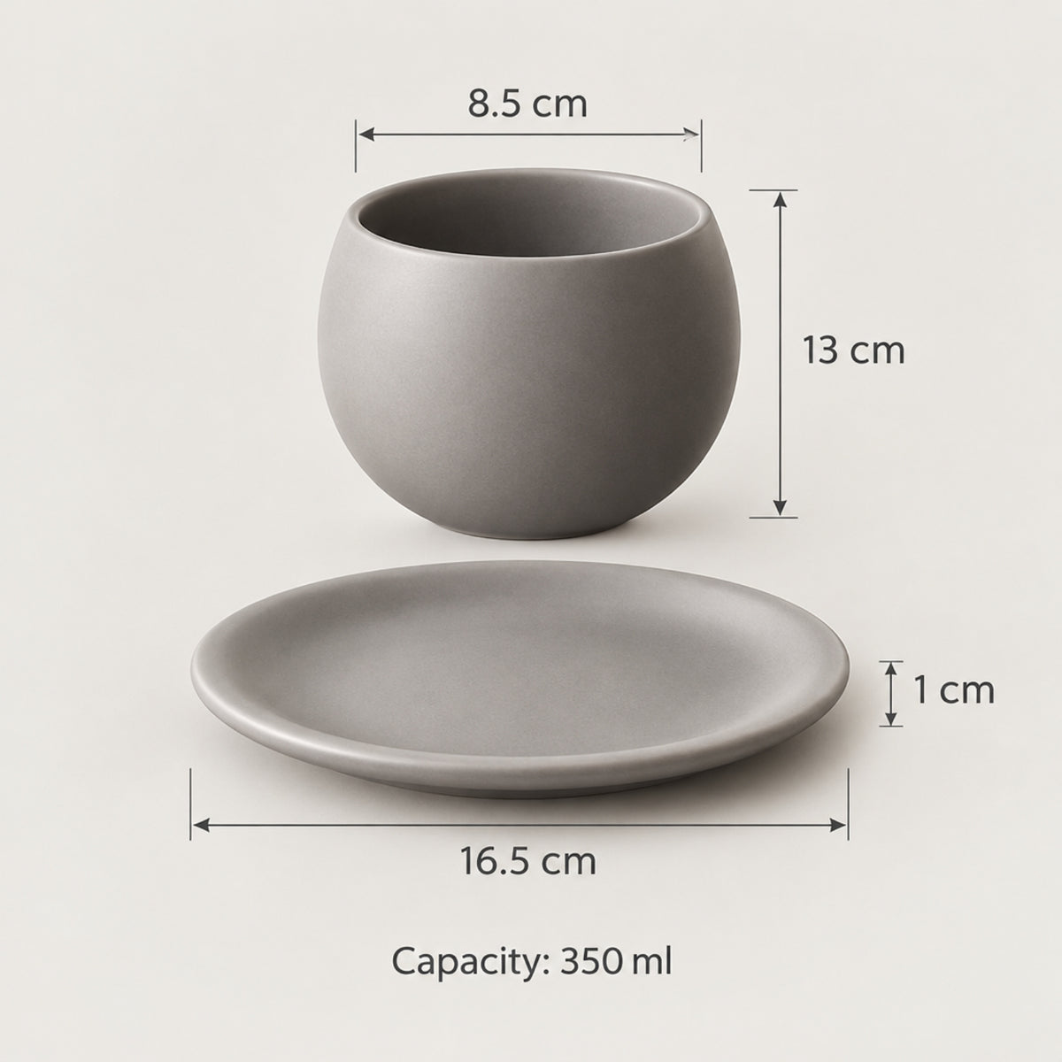 Rounded Handle less Cup with Matching Plate – Beige or Grey