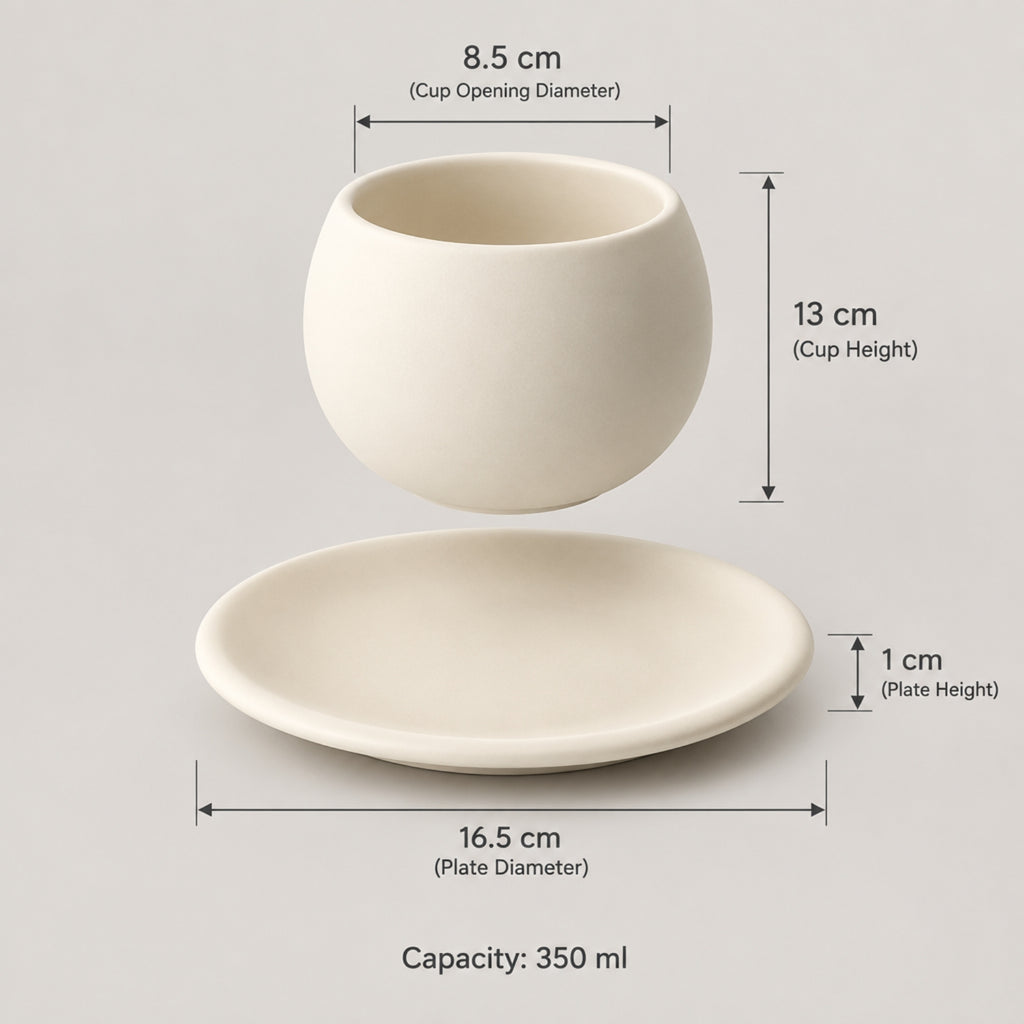Rounded Handle less Cup with Matching Plate – Beige or Grey