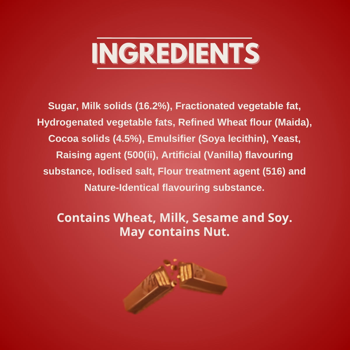A red informational graphic with the heading 'INGREDIENTS' in white, followed by a list of ingredients in white text, and a small chocolate bar illustration near the bottom.