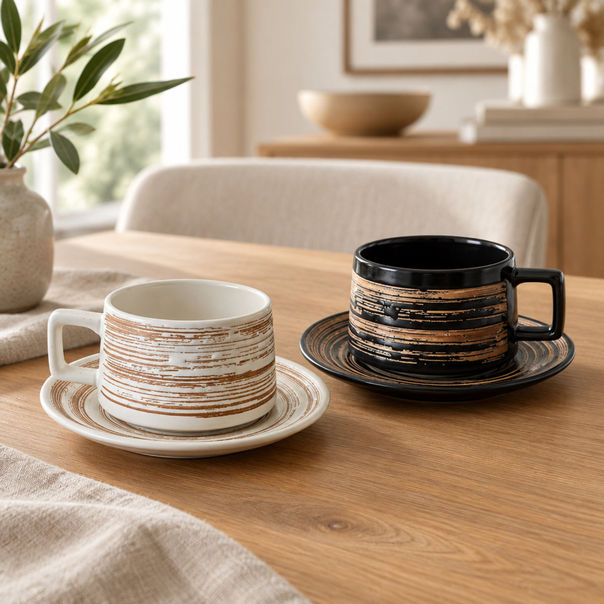 Two ceramic mugs with matching saucers on a wooden table in a bright dining setting. One mug is off-white with distressed brown horizontal stripes, and the other is black with distressed gold-brown horizontal stripes.