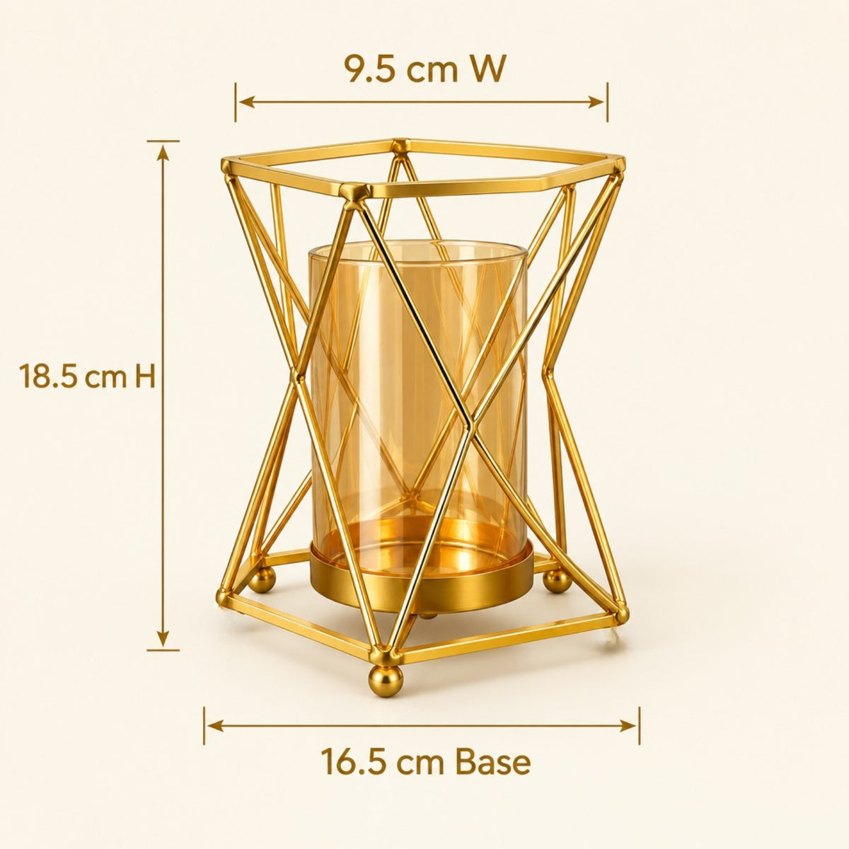 Gold metal geometric candle holder with a translucent amber glass cylinder, shown with dimension labels: 9.5 cm width, 18.