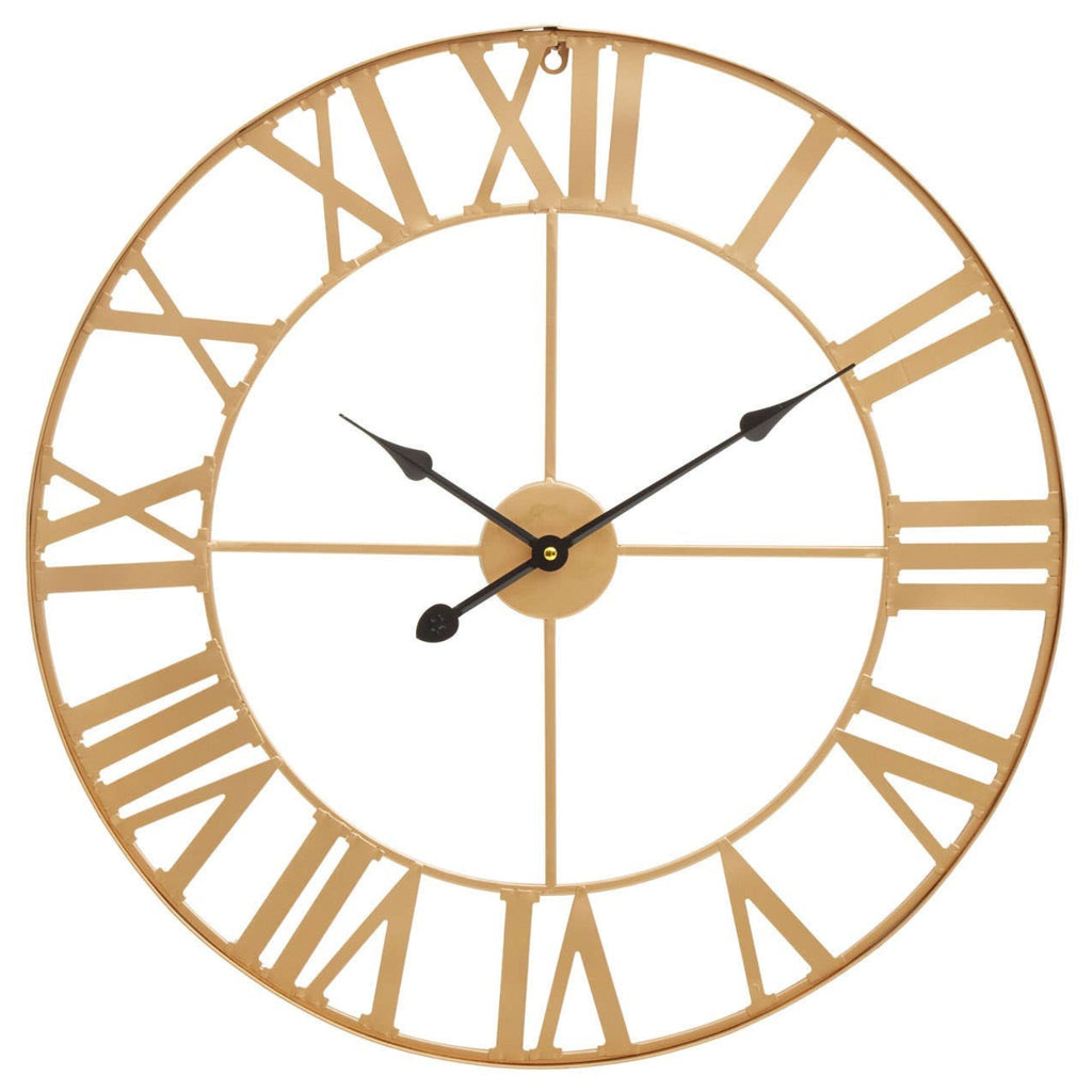 A large round wall clock with a natural wood frame and Roman numerals 