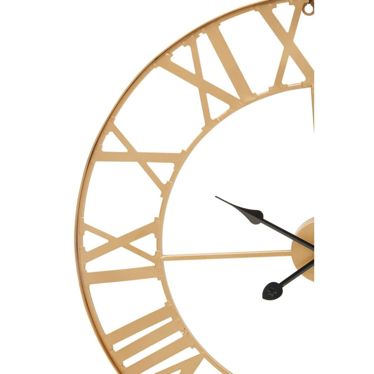 A large round wall clock with a natural wood frame and Roman numerals 