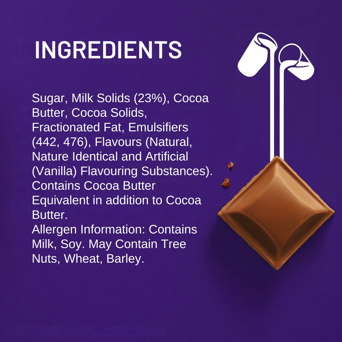 Ingredients list graphic on a purple background with white text listing components of a chocolate product and a stylized brown chocolate square with white milk-pouring illustrations.