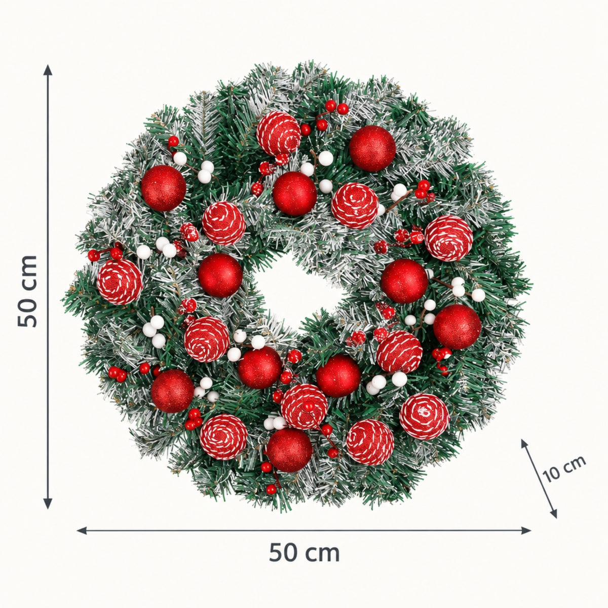 Frosted green Christmas wreath with red ornaments, pinecones, and white berries, shown with dimension arrows and labels indicating a 50 cm width and 50 cm height.