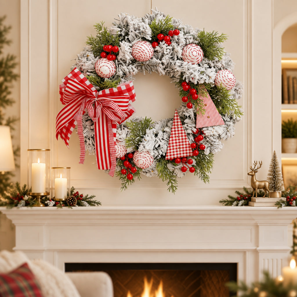 A festive Christmas wreath with a white frosted finish, decorated with red berries, striped candy canes, and a large red-and-white gingham bow, hanging on a white fireplace mantel in a warmly lit living room.