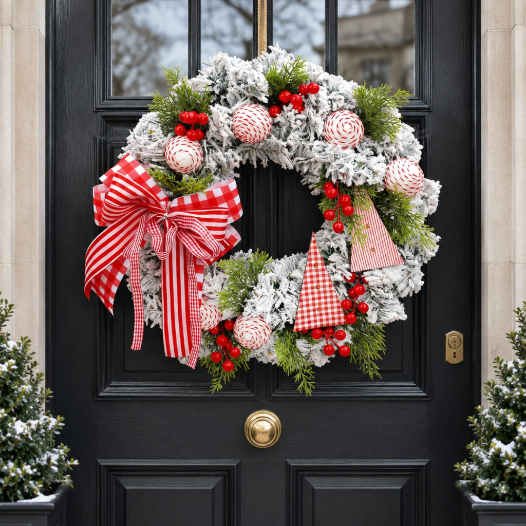 A festive Christmas wreath hanging on a black front door, decorated with white artificial snow, red berries, red-and-white striped ribbon, and small red-and-white gingham flags.