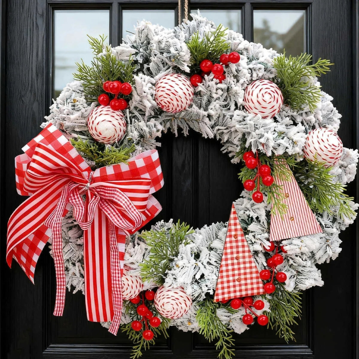 A festive flocked Christmas wreath hanging on a black front door, decorated with green pine branches, red berries, striped candy cane ornaments, red-and-white gingham ribbon bows, and small red-and-white gingham triangle flags.