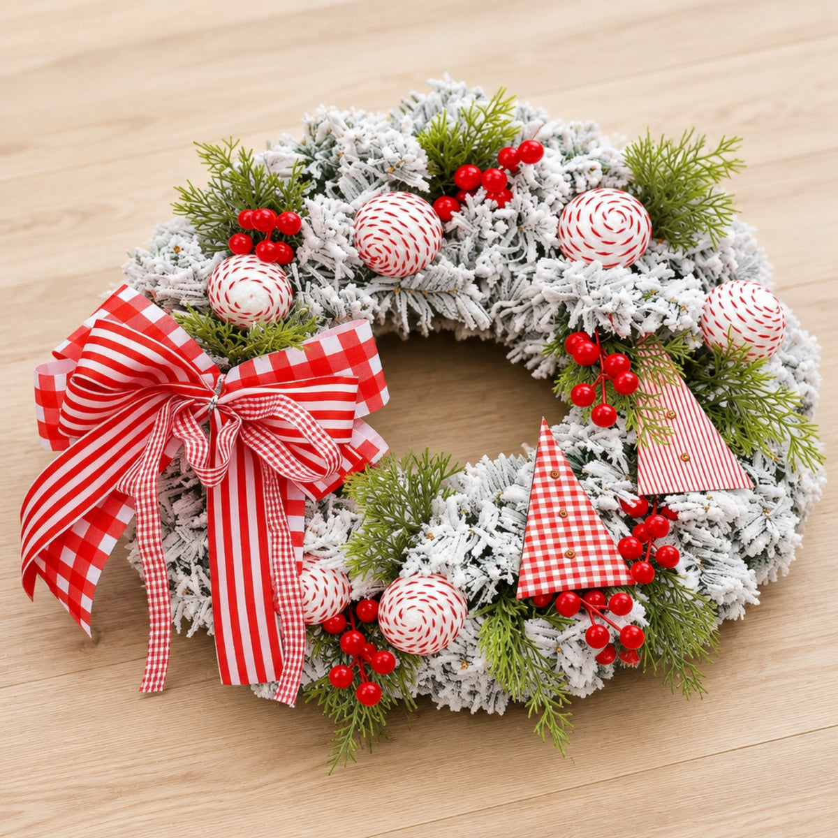 A festive frosted Christmas wreath with red and white gingham ribbon, red berries, striped ornaments, and pine greenery, displayed on a light wood surface.