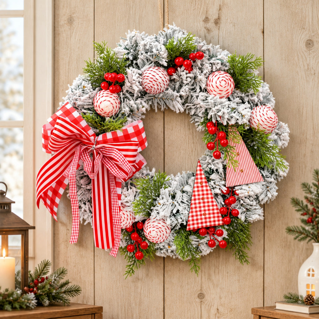 A festive Christmas wreath hanging on a light wood paneled wall. The wreath is frosted white with green pine branches, red berry clusters, striped red-and-white gingham ribbon bows, striped red-and-white gingham triangle ornaments, and striped red-and-white gingham spherical ornaments.