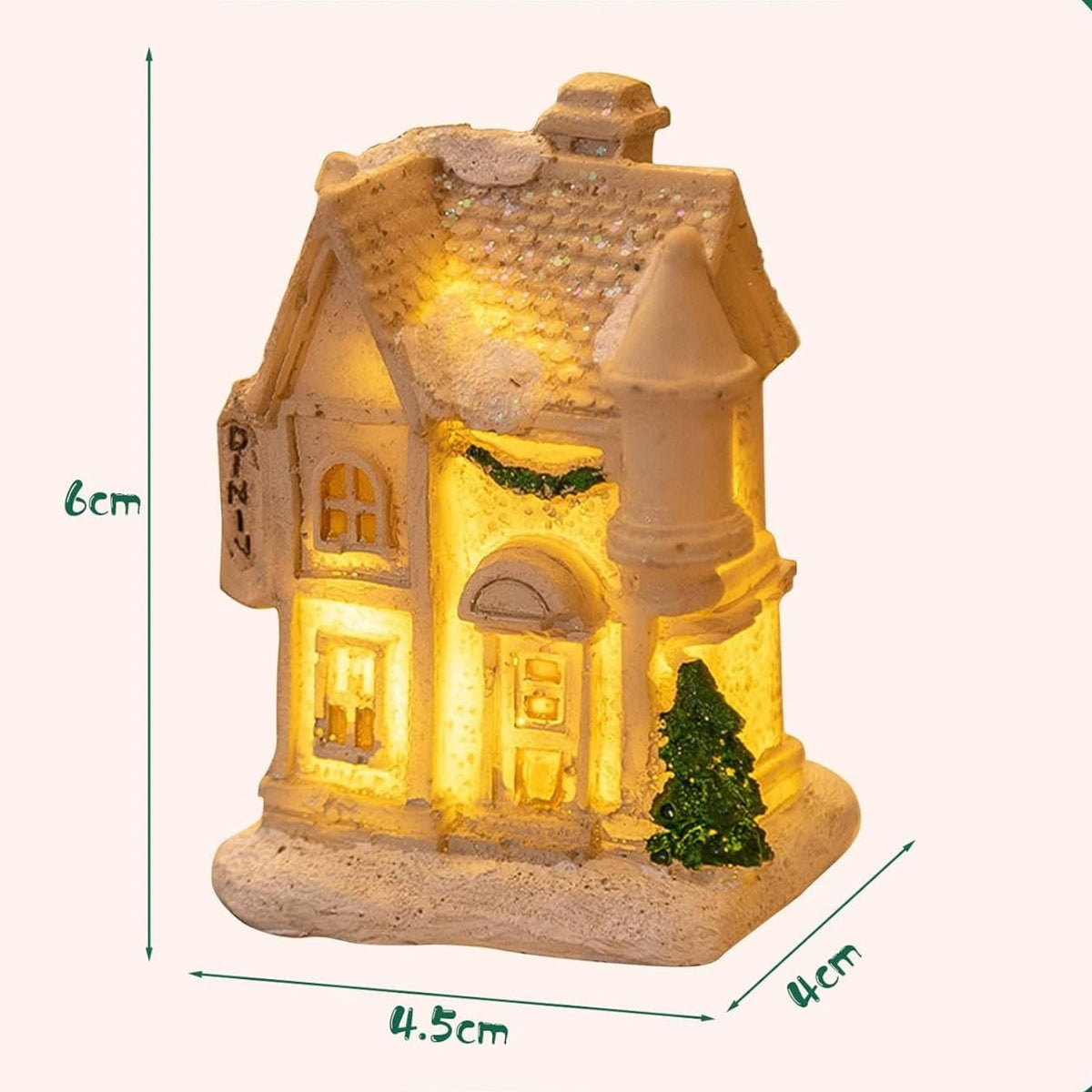 A small illuminated Christmas house ornament shown with dimension lines indicating 6 cm height, 4.5 cm width, and 4 cm depth, on a plain light background.