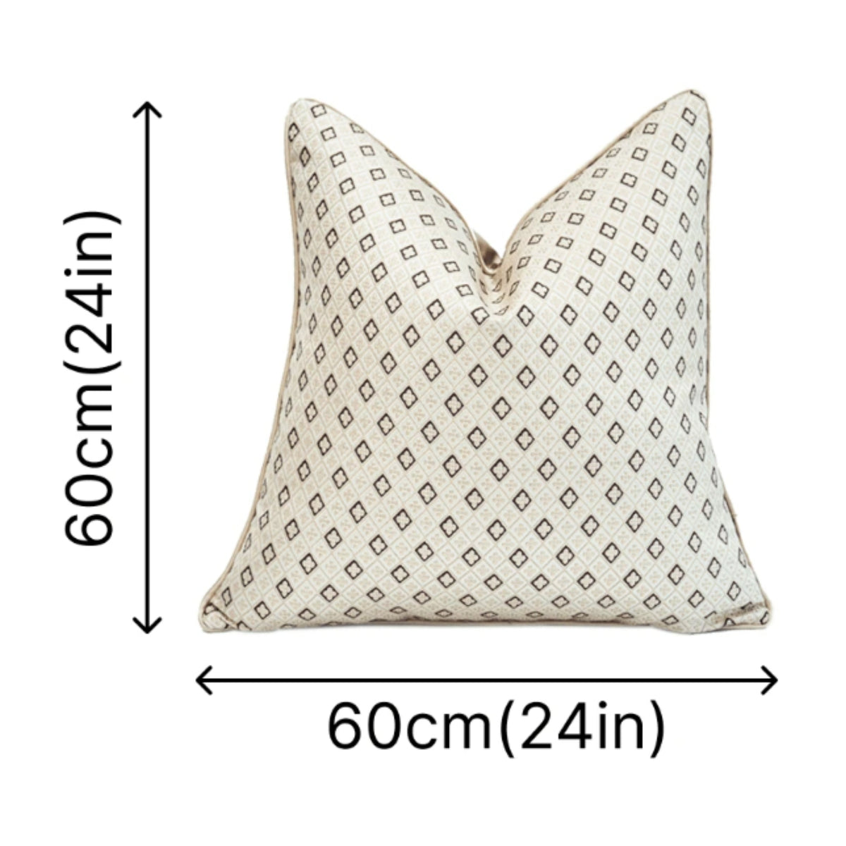 A square decorative throw pillow with a beige and brown geometric diamond pattern, shown with dimension arrows and text indicating a height and width of 60cm (24in) on a white background.