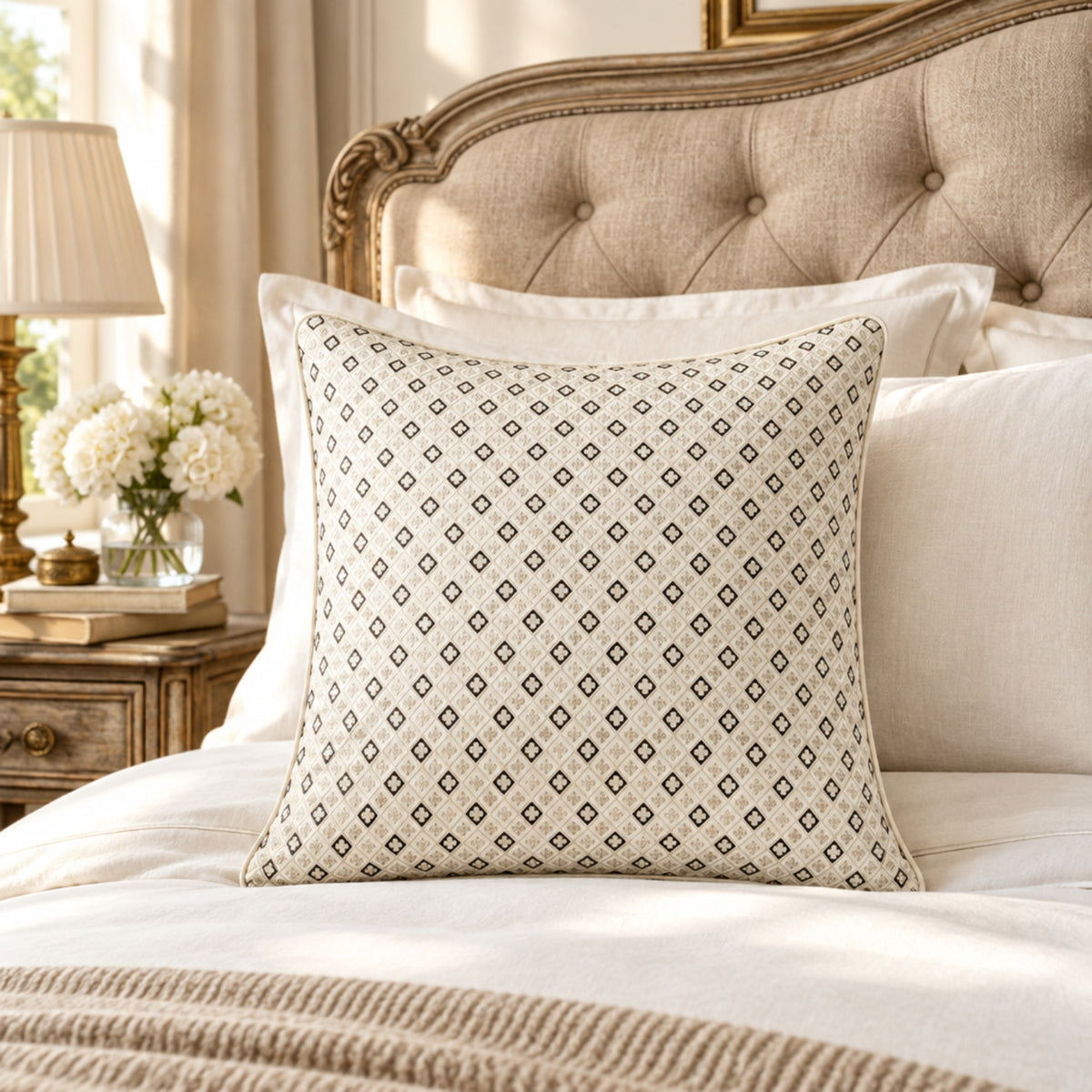 A square decorative throw pillow with a black geometric diamond pattern on a beige linen background, styled on a bed with white pillows and a tufted headboard in a warm, sunlit bedroom.