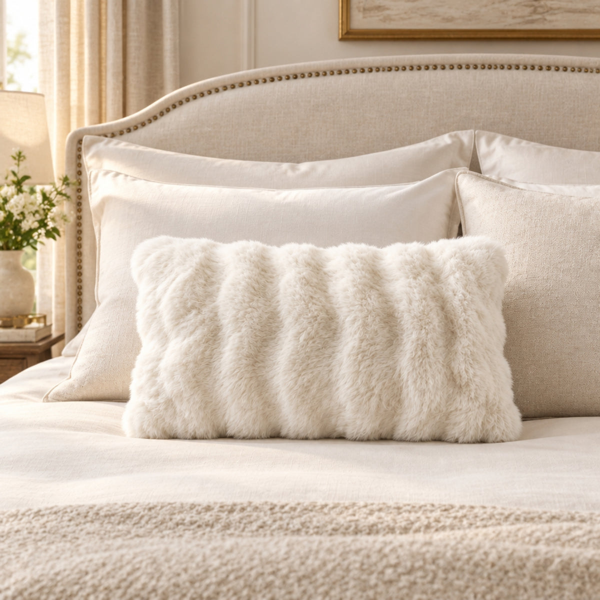 A fluffy cream faux-fur rectangular lumbar pillow styled on a bed with matching cream pillows and a beige upholstered headboard in a softly lit bedroom.
