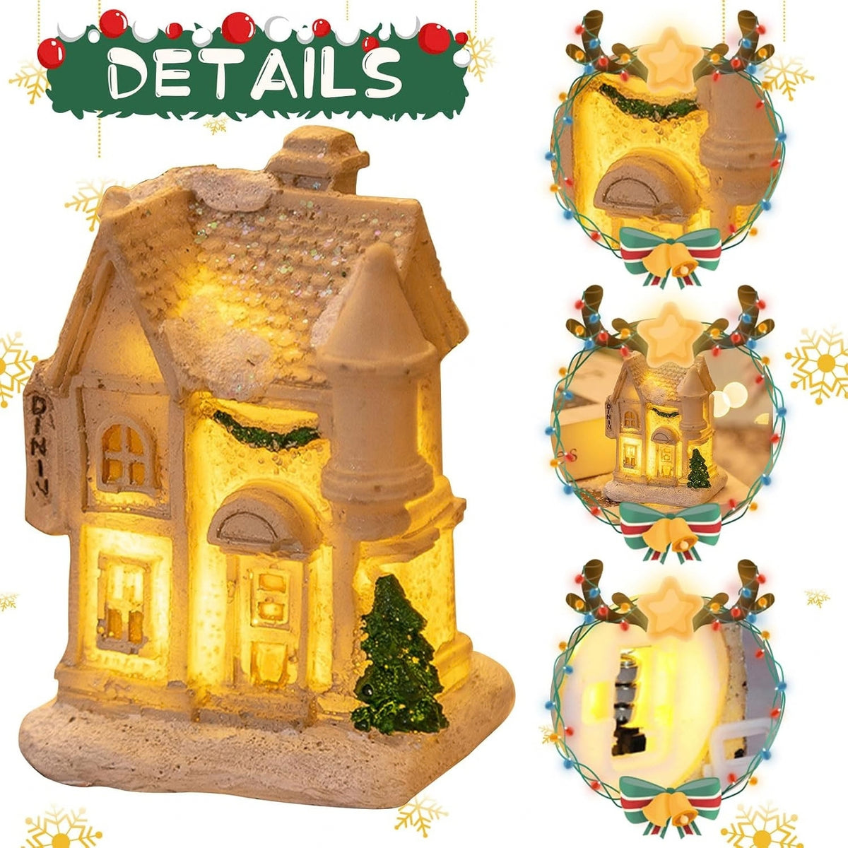 A decorative miniature house ornament shown with a large front detail view and three smaller circular detail insets on the right. The ornament is warm white/yellow illuminated and has a snowy roof, arched windows, a small tree, and holiday garland accents.