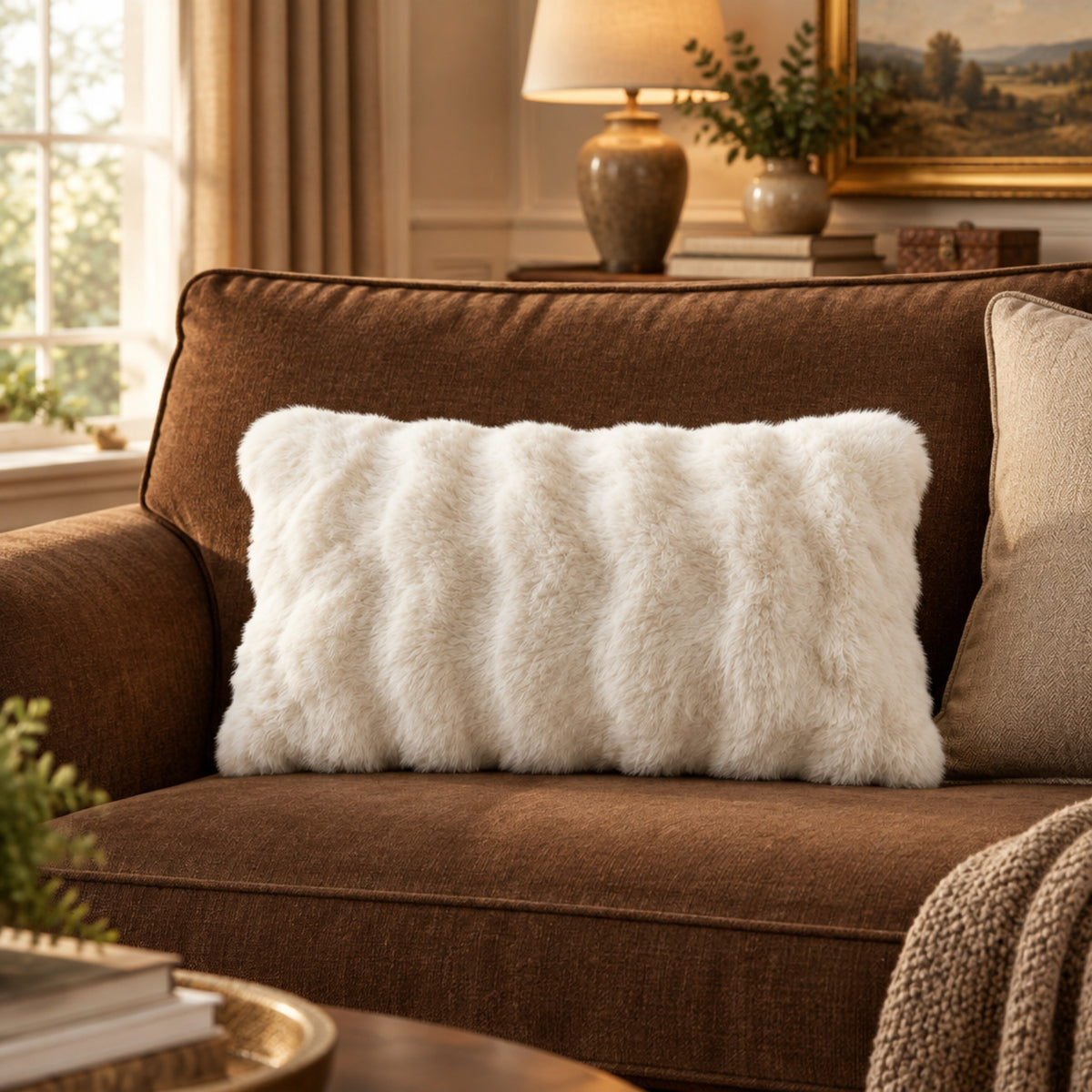 A fluffy white faux fur throw pillow with a wavy textured pattern resting on a brown fabric sofa in a warm, styled living room setting.
