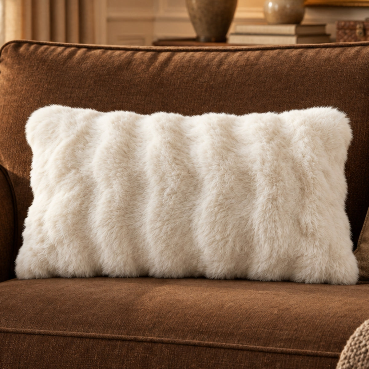 A fluffy rectangular throw pillow in off-white faux fur resting on a brown upholstered sofa in a warm, cozy interior setting.