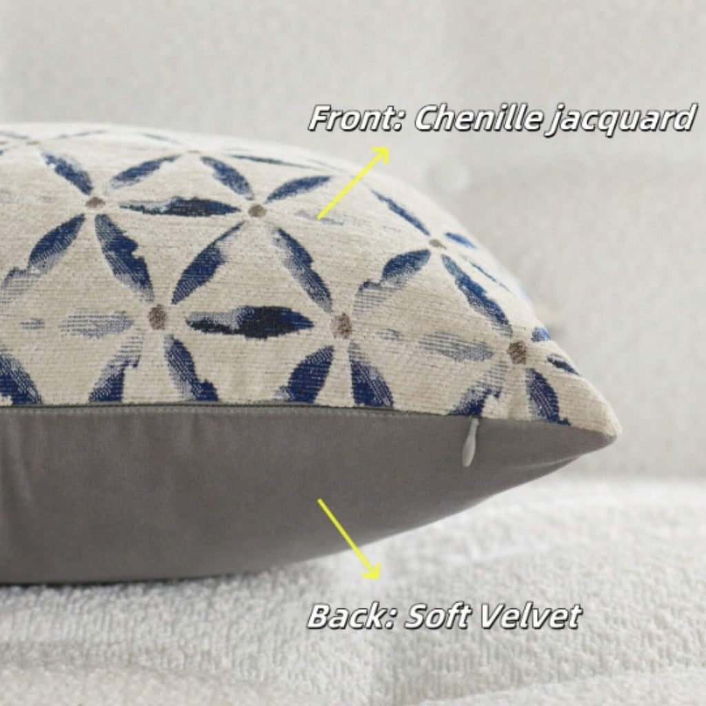A decorative throw pillow shown close up with text labels pointing to its two sides: 'Front: Chenille jacquard' on the patterned top half and 'Back: Soft Velvet' on the smooth gray bottom half.