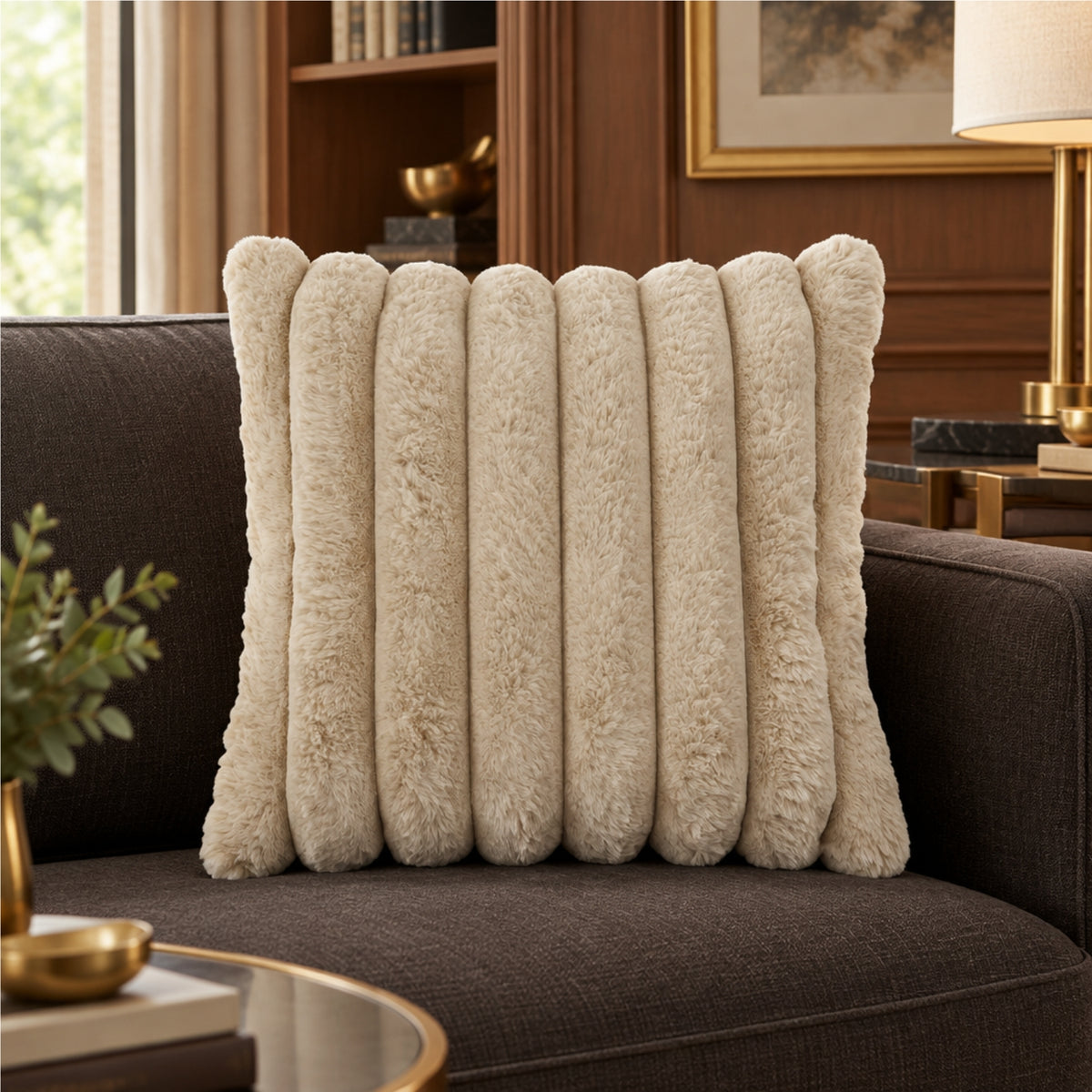 A square cream-colored shaggy throw pillow with vertical channel tufting, resting on a dark brown sofa in a warm, modern living room setting.