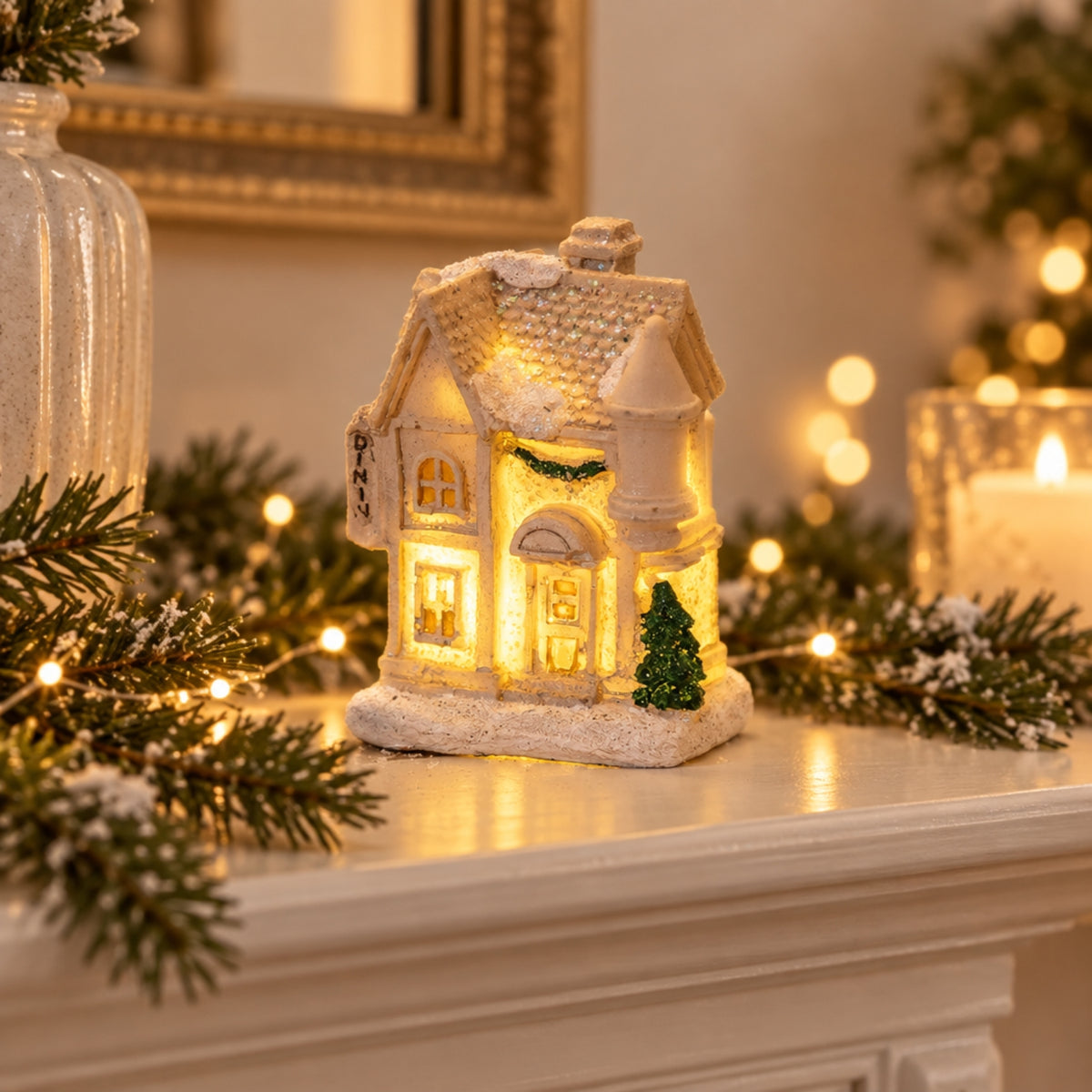 A small illuminated Christmas house figurine sits on a white mantel surrounded by holiday greenery, warm string lights, and candles in a cozy indoor setting.