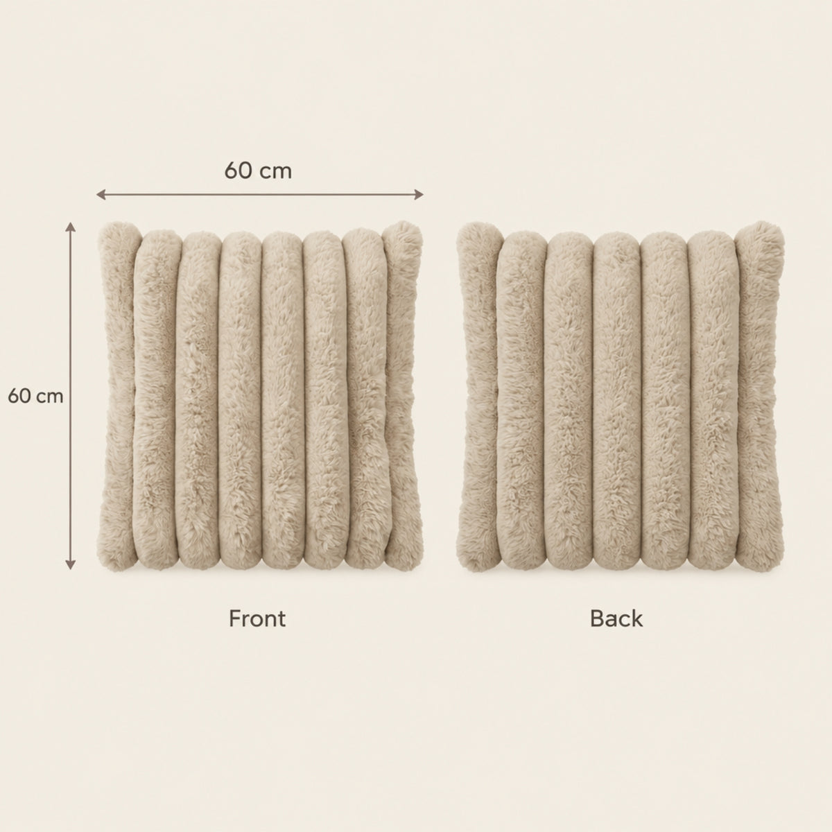 A beige textured rectangular cushion shown from both front and back, with dimension arrows labeling the height and width as 60 cm on a light cream background.