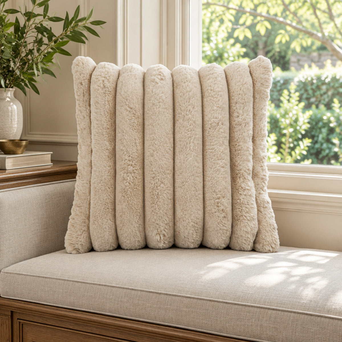 A tall, rectangular shaggy throw pillow in a warm cream color, styled on a beige upholstered bench in a bright, sunlit room with a window and greenery in the background.