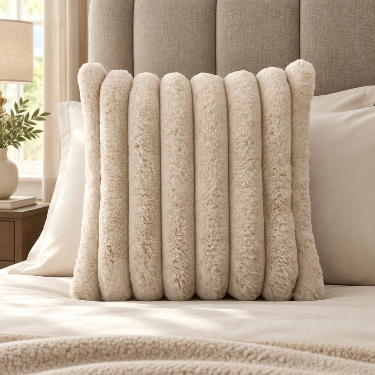 A plush, textured throw pillow with vertical channel tufts in a warm cream color, styled on a bed with a beige upholstered headboard and neutral bedding.
