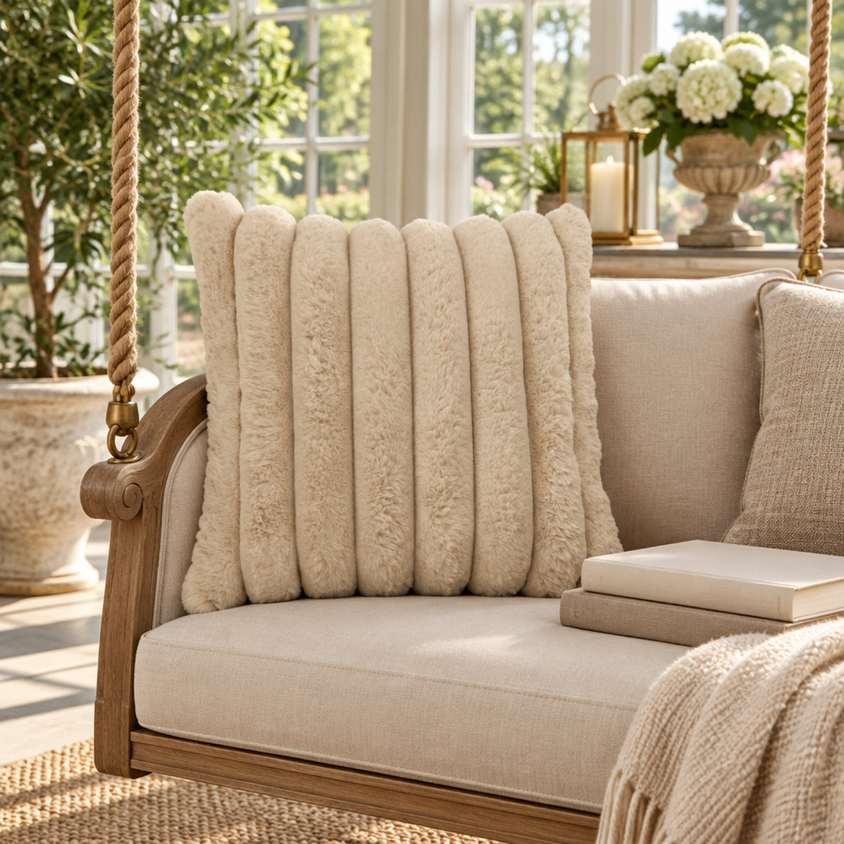 A cream-colored textured throw pillow with vertical channel tufting, styled on a wooden hanging porch swing with a neutral beige cushion and a cream knit throw blanket.