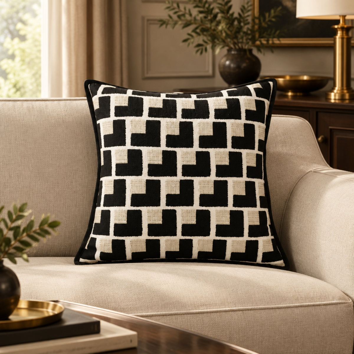 A square throw pillow with a black and cream geometric interlocking pattern, resting on a light beige armchair in a styled living room setting.