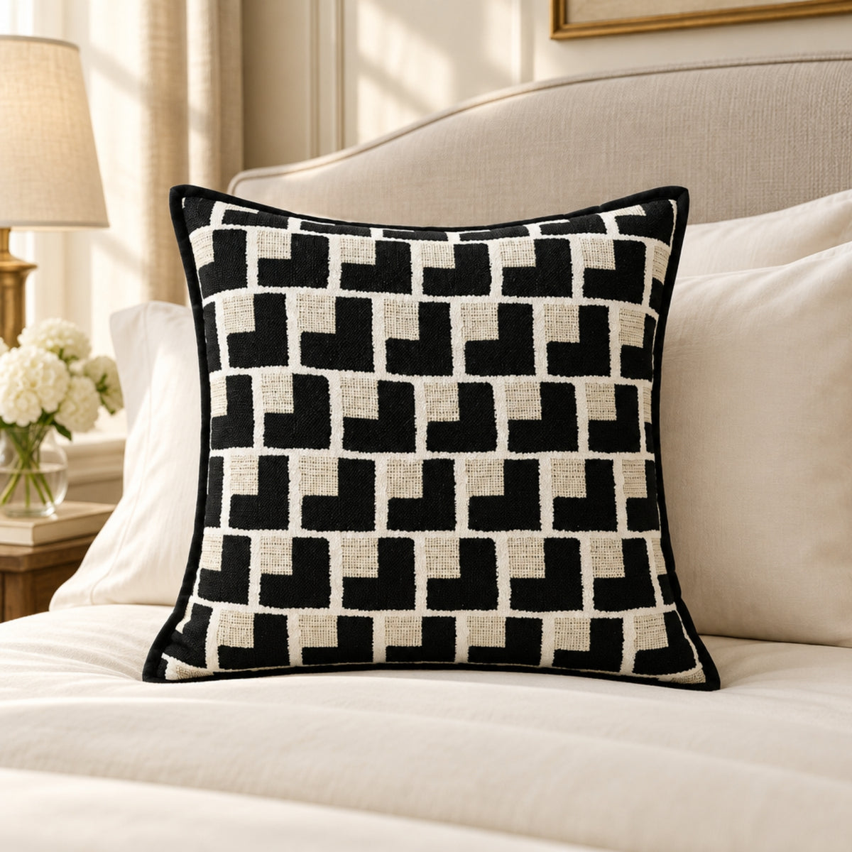 A square decorative throw pillow with a black and cream geometric pattern, styled on a bed with neutral bedding and a bedside lamp in the background.