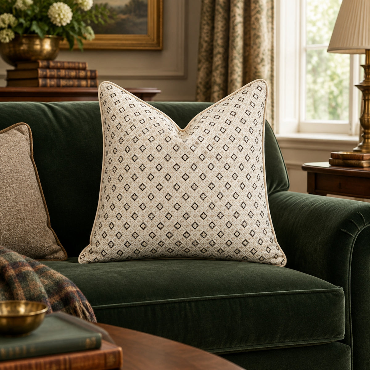 A square throw pillow with a beige and brown geometric diamond pattern, styled on a deep green velvet sofa in a cozy living room setting.