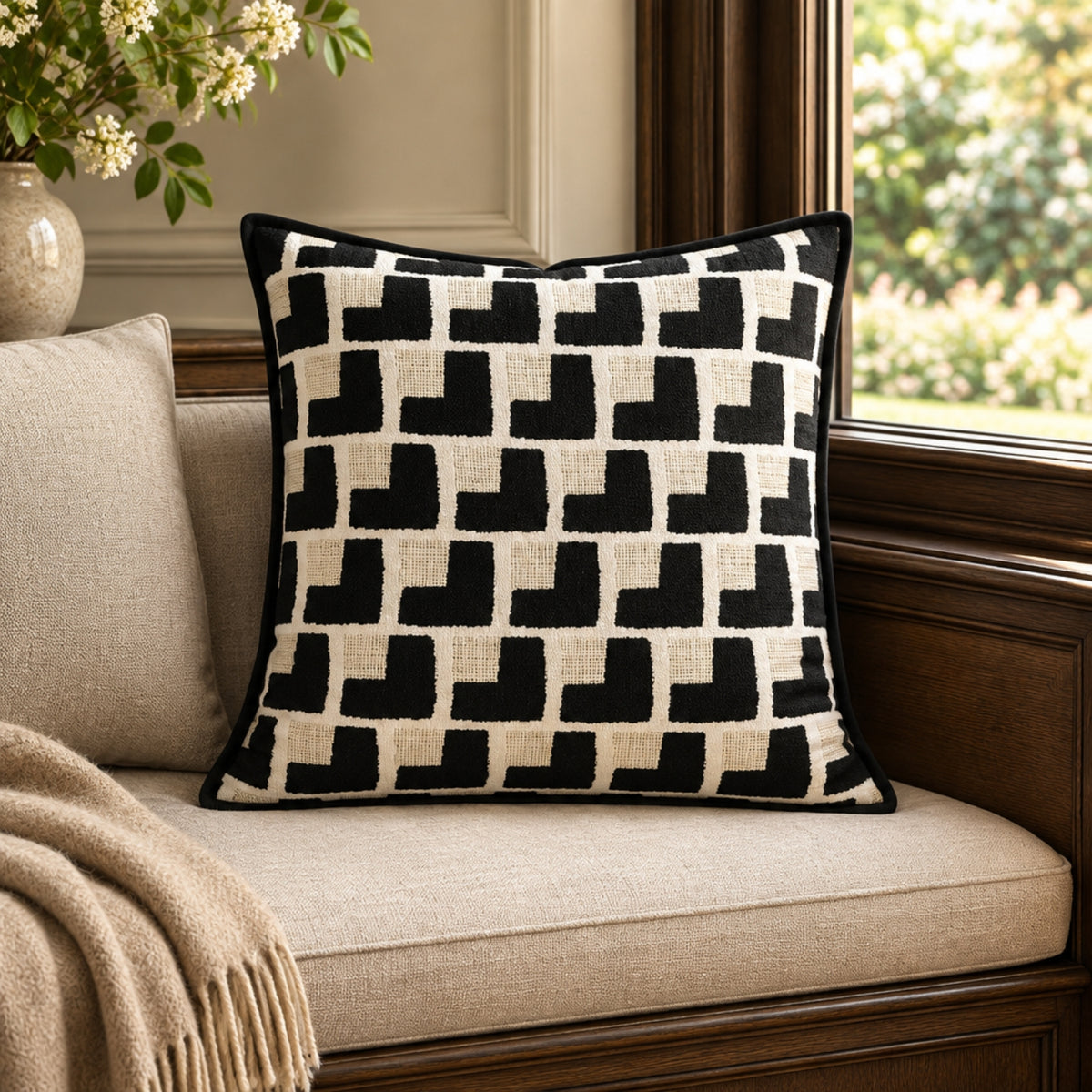 A square throw pillow with a black and cream geometric interlocking pattern, styled on a beige upholstered window seat with a wooden frame and a beige throw blanket.