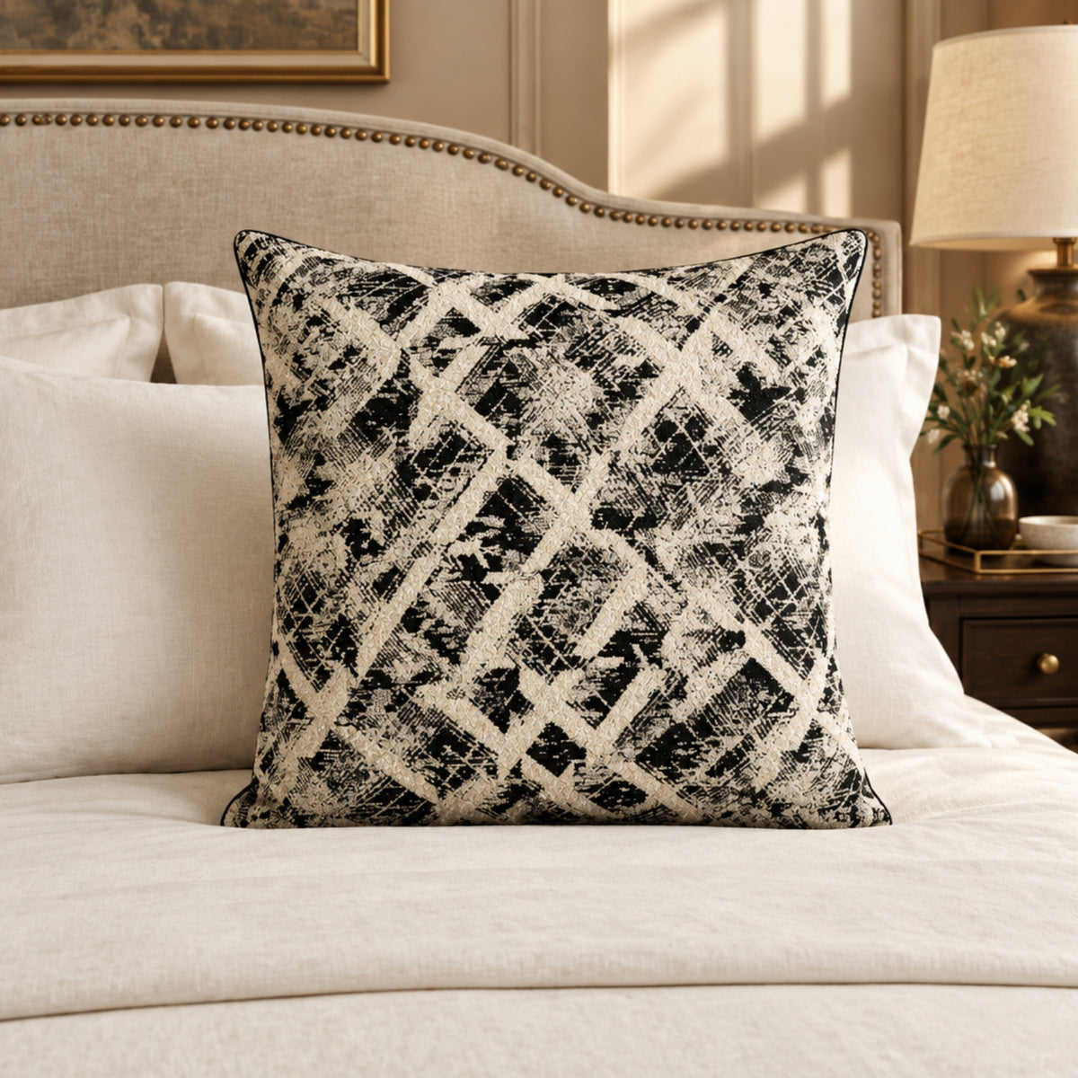 Monochrome Black & Cream Filled Cushion, 60 x 60 cm