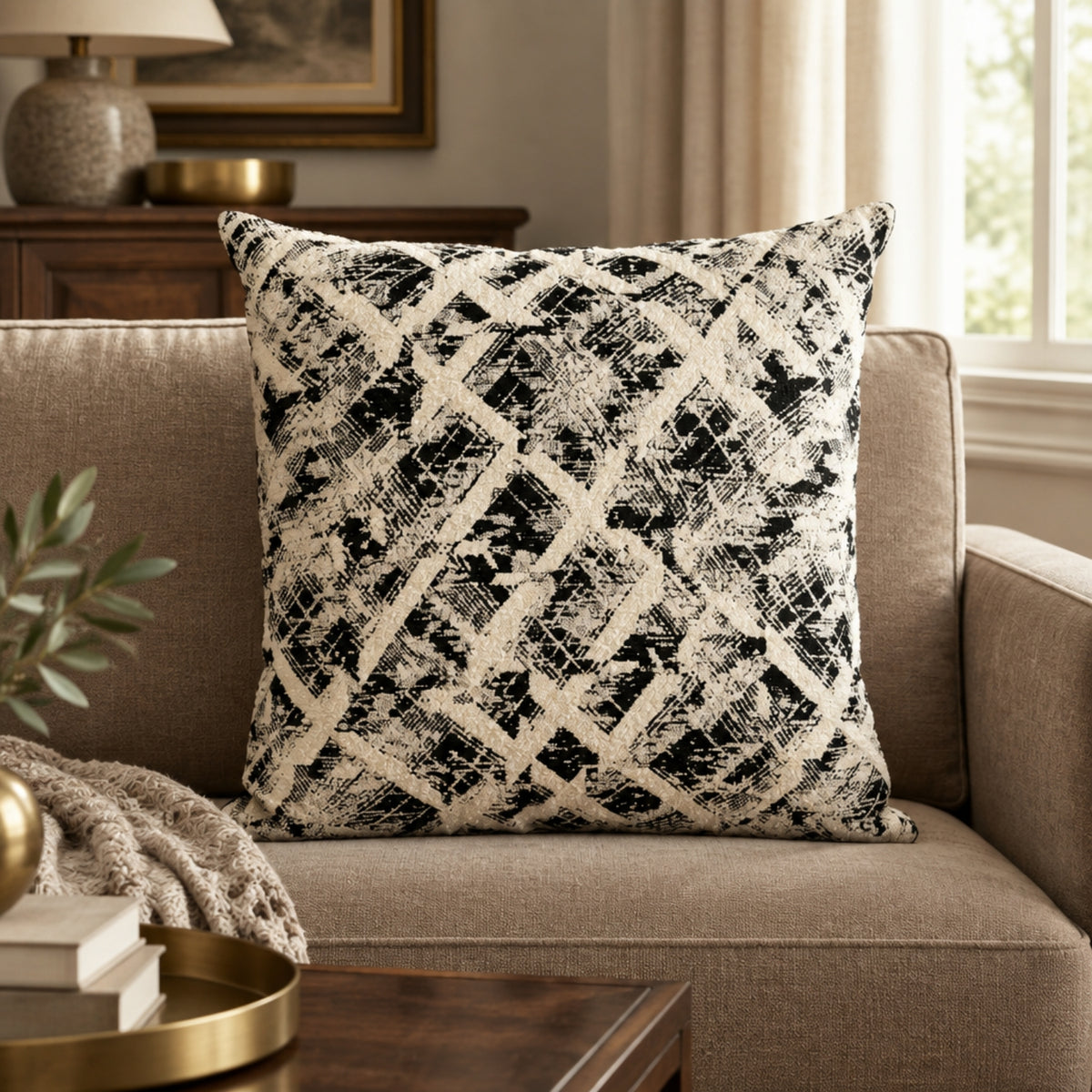 Monochrome Black & Cream Filled Cushion, 60 x 60 cm