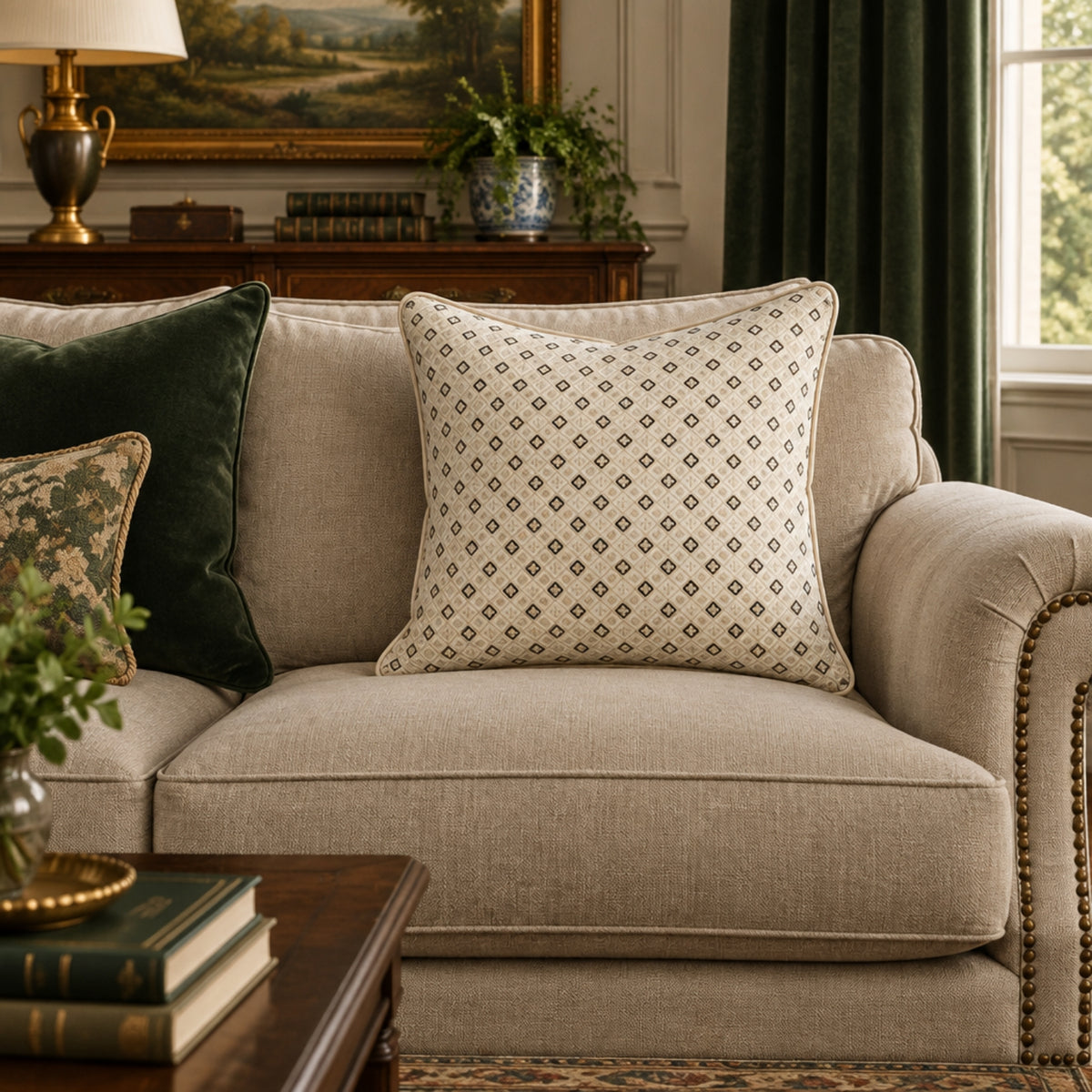 A beige upholstered sofa in a classic living room setting, styled with a central square throw pillow featuring a small repeating geometric diamond pattern, a dark green velvet pillow, and another patterned accent pillow.