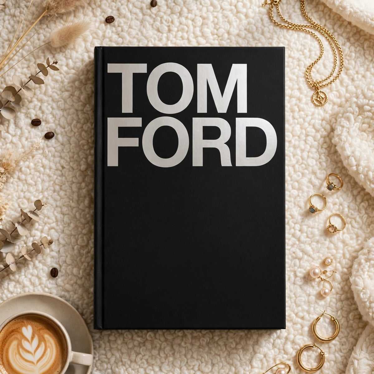 A black hardcover book with the brand name 'TOM FORD' printed in large white letters, styled in a flat lay on a cream sherpa fabric with gold jewelry, coffee, and dried botanicals.