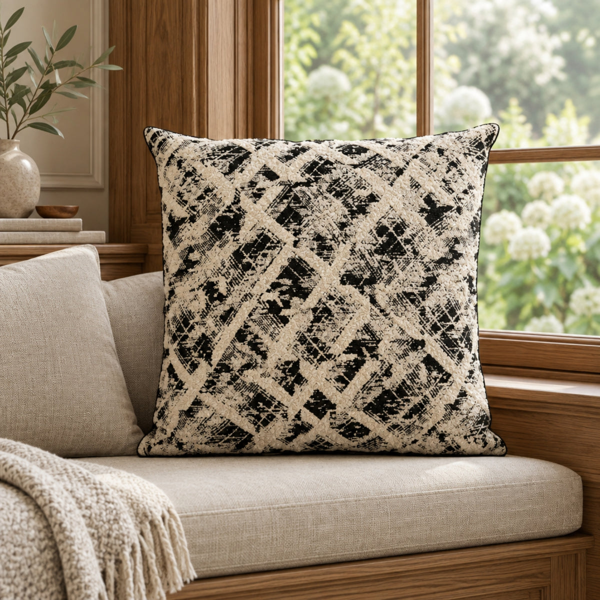 Monochrome Black & Cream Filled Cushion, 60 x 60 cm