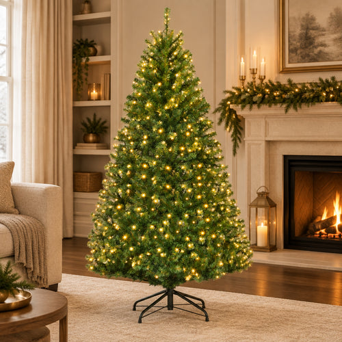 A pre-lit artificial Christmas tree with warm yellow lights stands on a black metal stand in a cozy, decorated living room with a fireplace, mantel, and shelves.