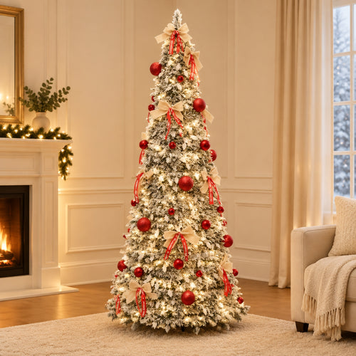 A tall flocked Christmas tree decorated with red ornaments, cream ribbons, and warm white string lights, standing in a cozy living room with a fireplace, curtains, and a sofa.