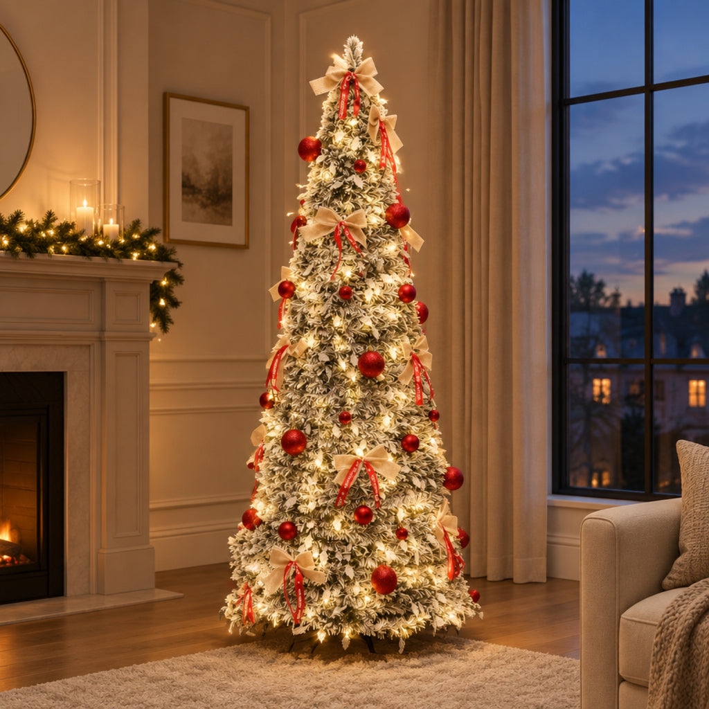 180 cm Snow-Flocked Christmas Tree with Red Baubles & Bows