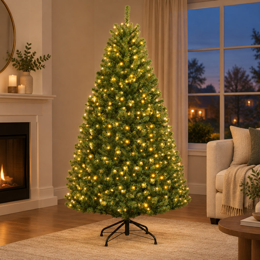 A tall artificial Christmas tree with dense green needles and warm yellow lights, standing on a black metal stand in a cozy living room with a fireplace, window, sofa, and rug.