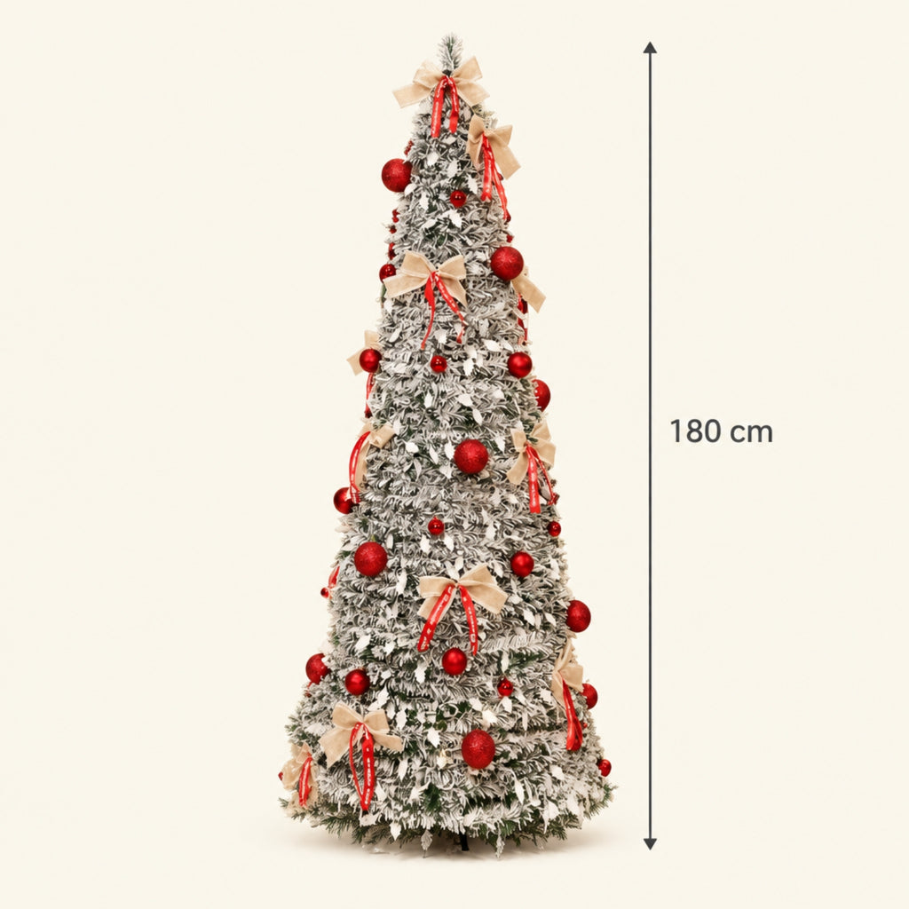 A 180 cm tall flocked Christmas tree decorated with red ornaments, beige ribbon bows, and red-and-white striped garlands, shown on a light beige background with a height measurement indicator.