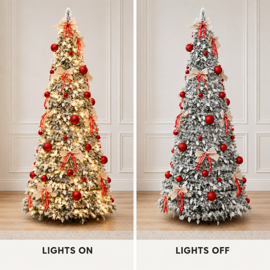 A side-by-side comparison of a Christmas tree in a decorated room, labeled 'LIGHTS ON' on the left and 'LIGHTS OFF' on the right. The tree is flocked white with red ornaments, beige ribbon bows, and warm white lights on the left, and appears snow-white with no lights on the right.