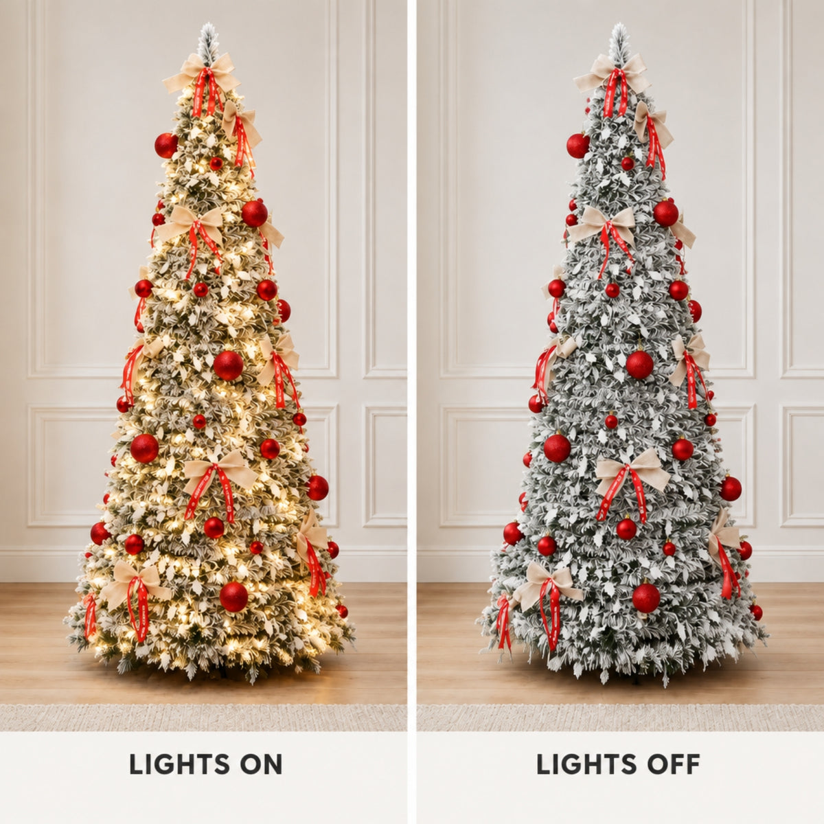 A side-by-side comparison of a Christmas tree in a decorated room, labeled 'LIGHTS ON' on the left and 'LIGHTS OFF' on the right. The tree is flocked white with red ornaments, beige ribbon bows, and warm white lights on the left, and appears snow-white with no lights on the right.