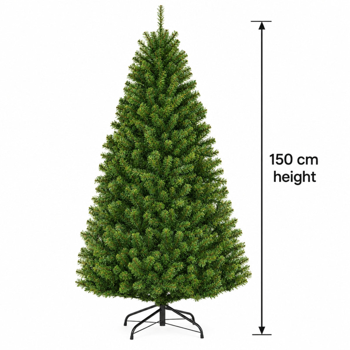 A green artificial Christmas tree on a black metal stand against a white background, with a vertical measurement arrow and text indicating 150 cm height.