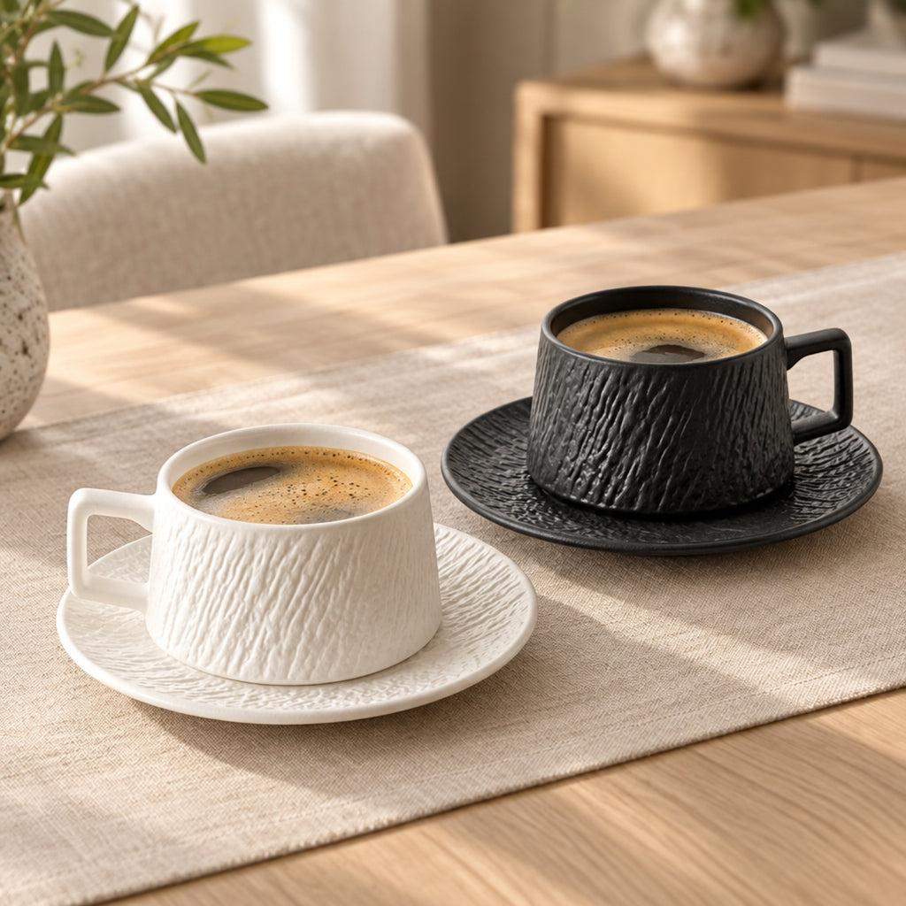 Two textured ceramic coffee cups with matching saucers on a wooden table, one white and one black, filled with espresso. A beige placemat, blurred chairs, and a plant are visible in the background.